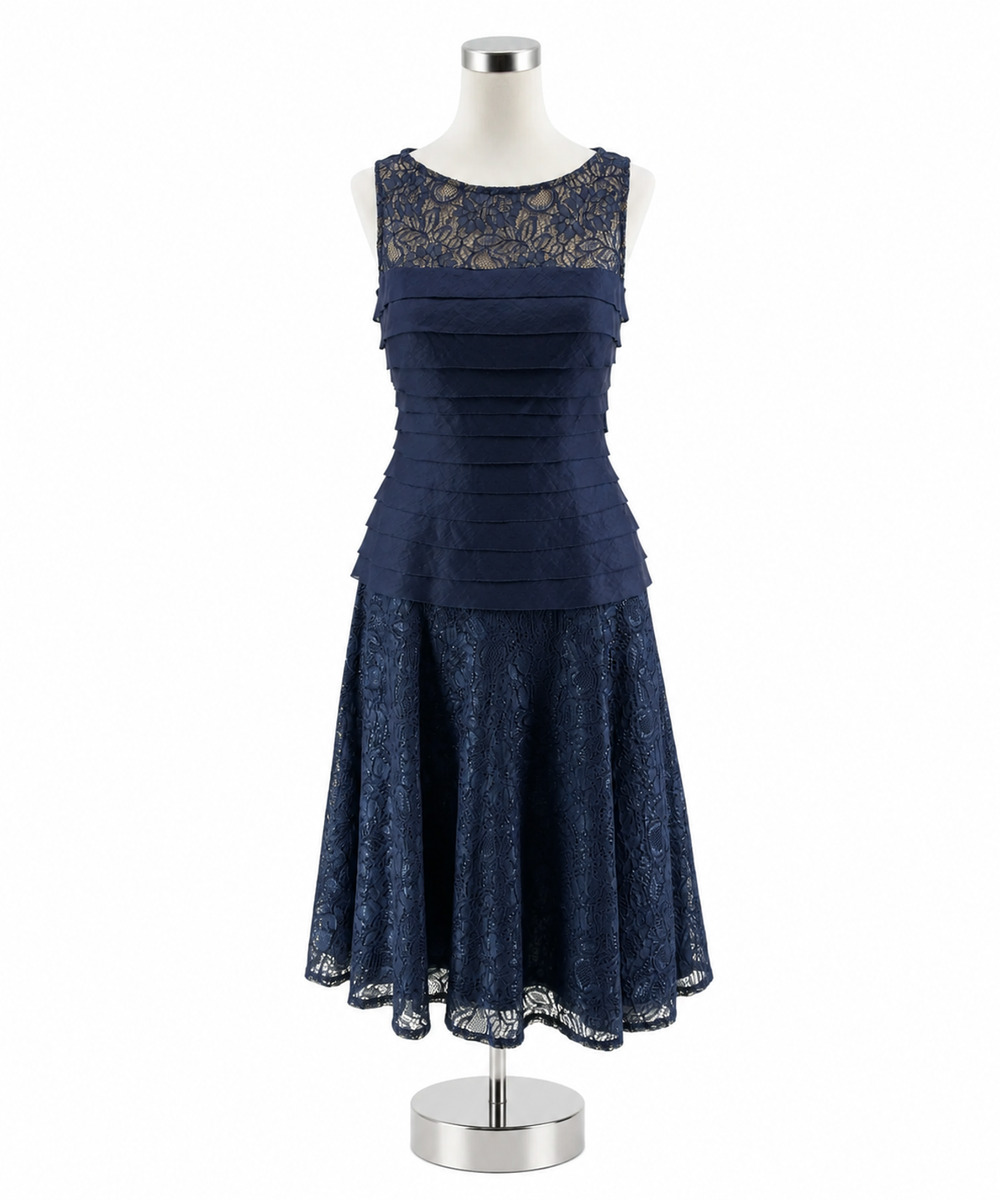 London Times Navy Blue Lace Tiered Illusion Yoke Cocktail Dress Size 4